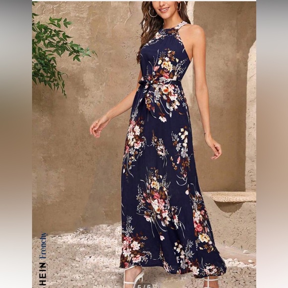 Shein Floral Print Tie Back Belted Maxi Dress Navy Blue women’s size small - Picture 4 of 15